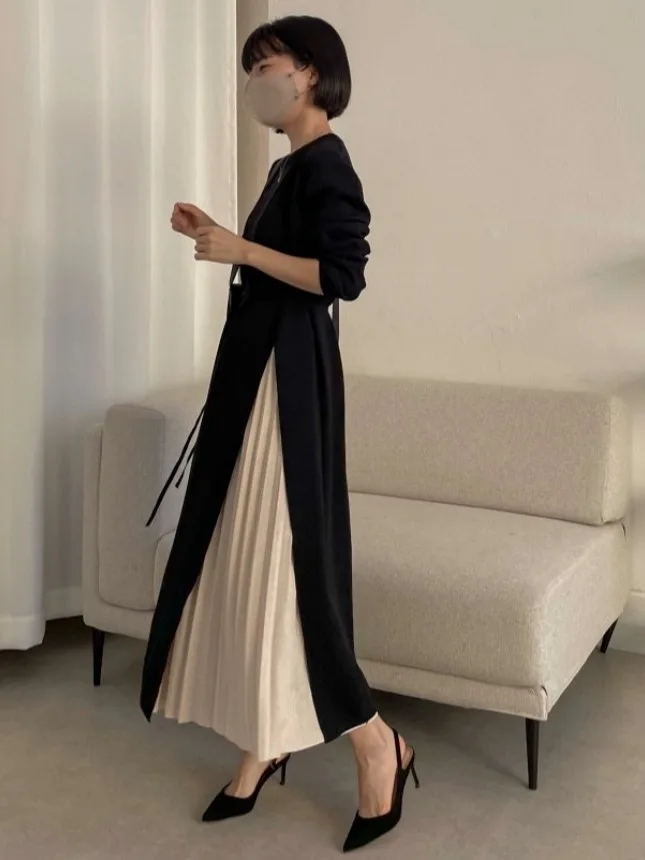 Ele Chic Dzianinowa Sukienka Midi Damska z Okrągłym Dekoltem, Zdobiona Plisami w Talii, Długa, Jednoczęściowa, Ekskluzywna Oferta Online