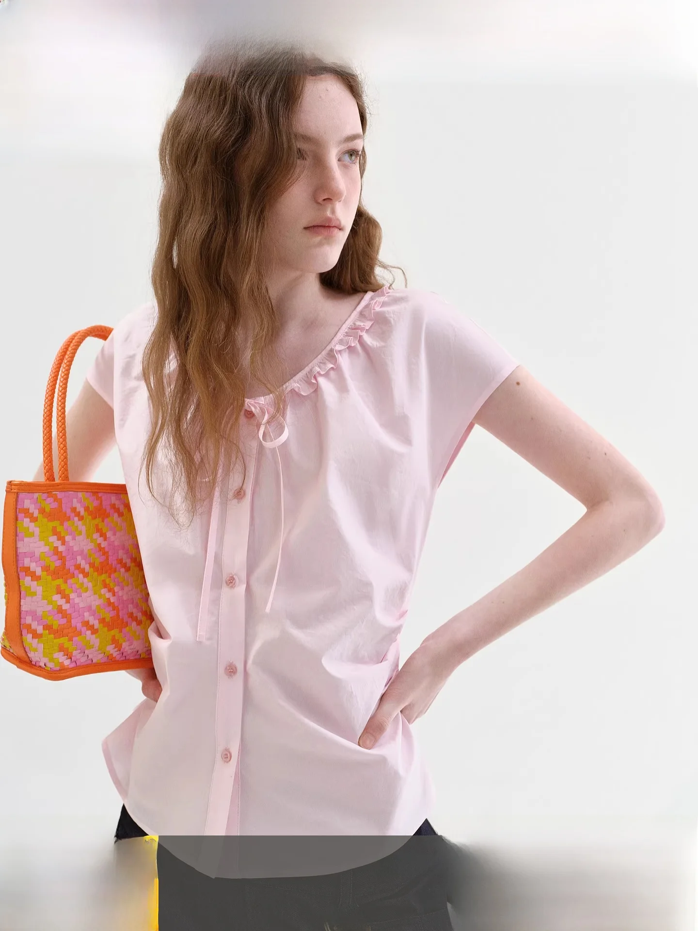 

Fano Sakura Pink Shirt Women's V-neck Sleeveless Belted Cotton Casual Summer New Style Breathable Comfortable Commute Fashion