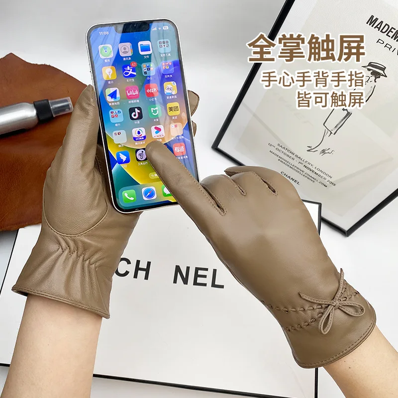 タッチスクリーン本革手袋女性秋冬プラスベルベット厚みの熱蝶女性シープスキン手袋-st0126