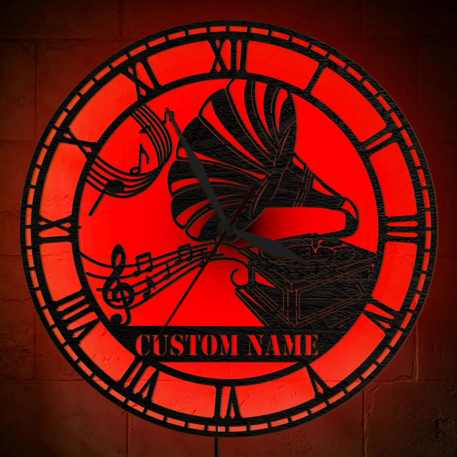 Custom Name Gramophone Wooden Wall Clock With Color Changing LED Light Vintage Music Notes Personalized Night Light Wall Clock