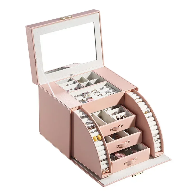 2024 New Design Girls Pink Luxury Wholesale Large Jewelry Box Organizer with Mirror Big Ring Earring Jewelry Packaging Case