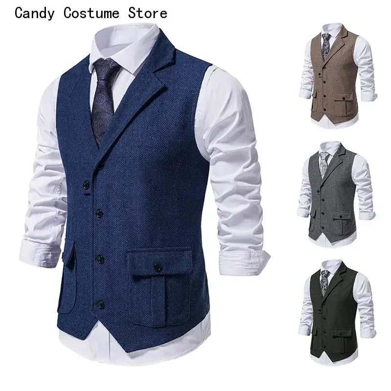 Men's Vintage Brown Vest Spring New Single breasted Suit Vest Brand Formal Coat Turn-down Collar Dress Tuxedo