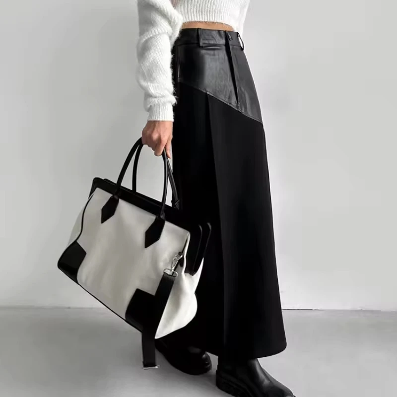 PU Leather Splicing Design Half-length Skirt Femininity Versatile High Waist Split Skirt