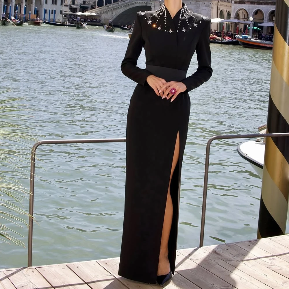 

Customized Straight Evening Dresses Floor-length High-neck Full Sleeve Prom Gown Simple Fashion Crystal Side-split Party Gown