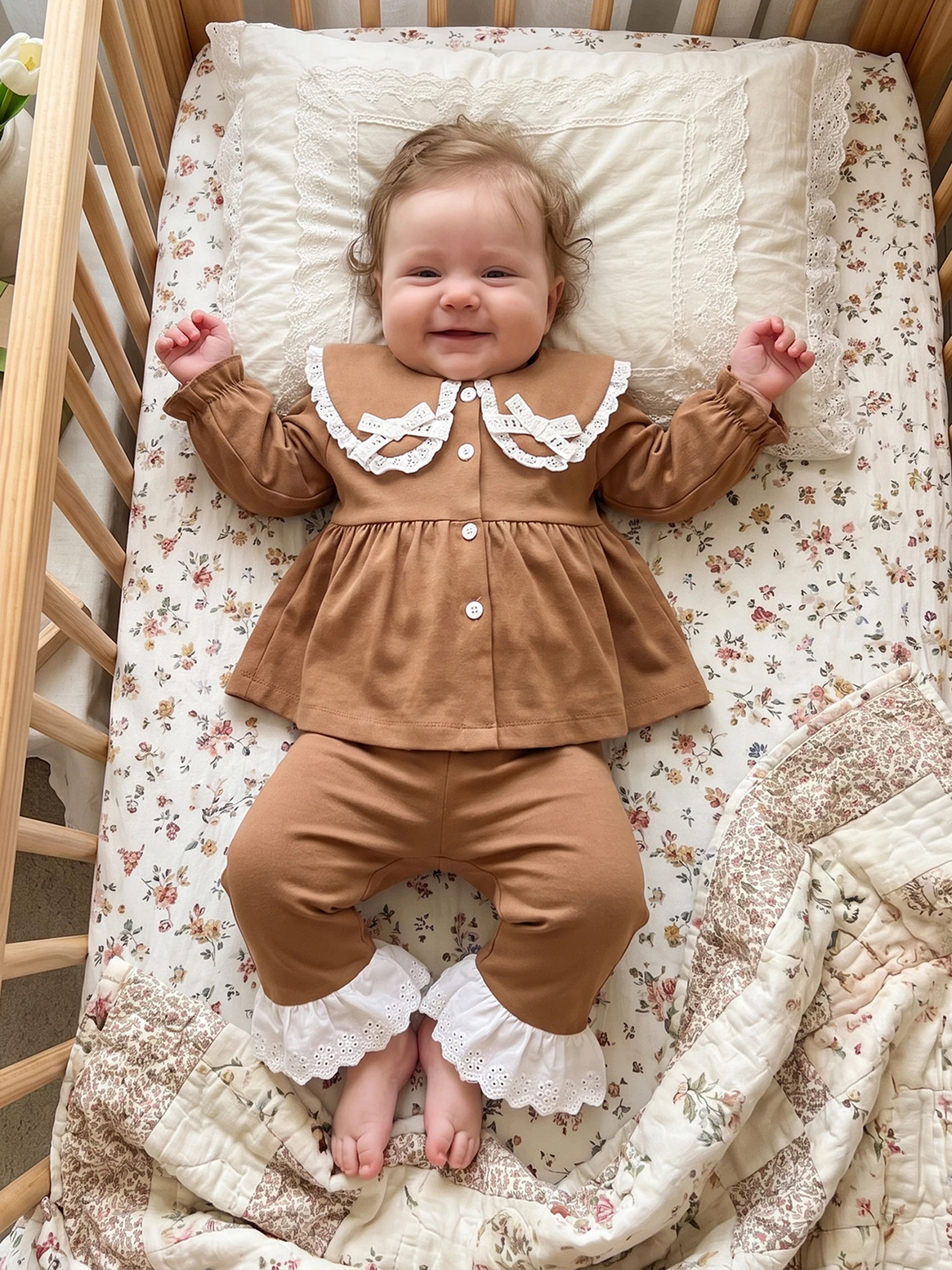 Elastic Doll Shirt Elastic Flare Doll Collar Elastic Flare Flare Pants Button-Shirt Toddler Girls Fall