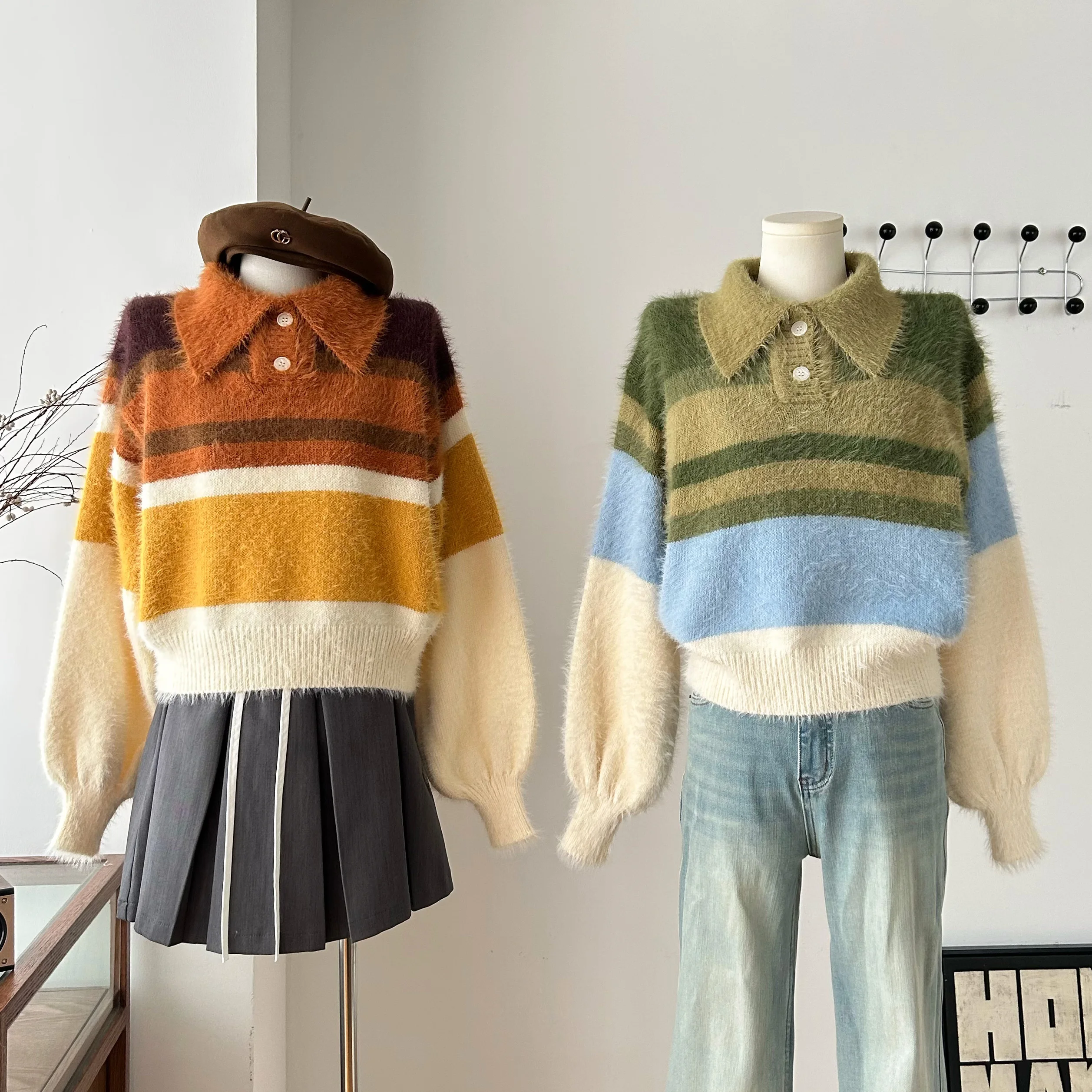 

Women's Casual Color Contrasted Stripe Long Sleeve Loose Short Sweater Lady Streetwear Turn Down Collar Lantern Sleeve Jumper