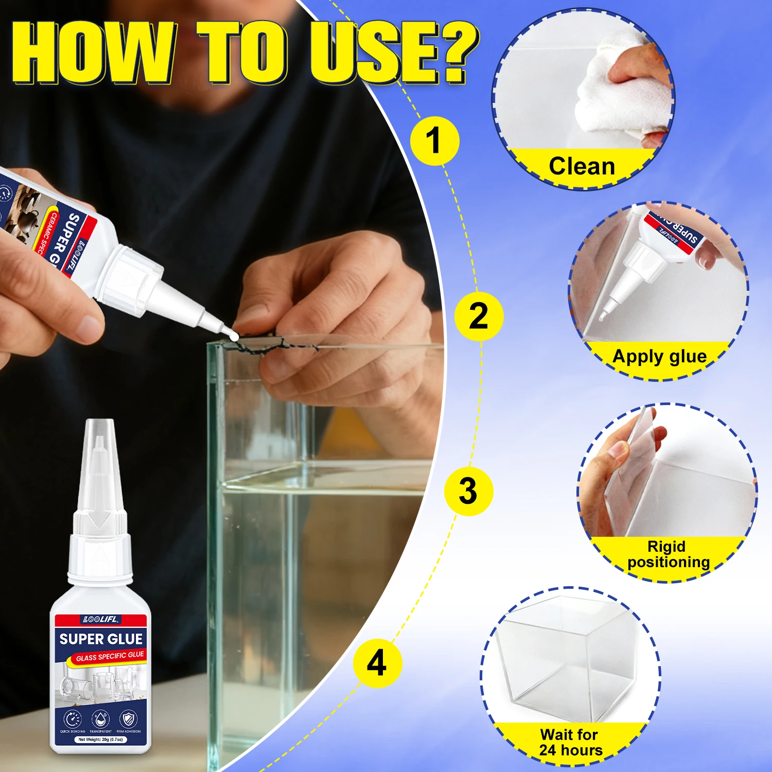 Colle pour verre forte, colle pour bijoux, liaison en trois secondes, la colle instantanée est transparente et insipide. Réparation sans couture, adaptée