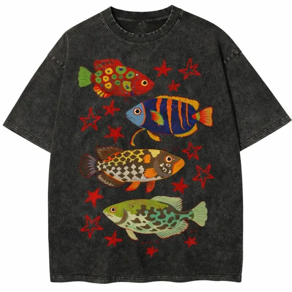 Vintage Washed Tropical Fish Print T-Shirt Colorful Aquarium Marine Life Tee Casual Loose Fit Short Sleeve Tops for Men Women