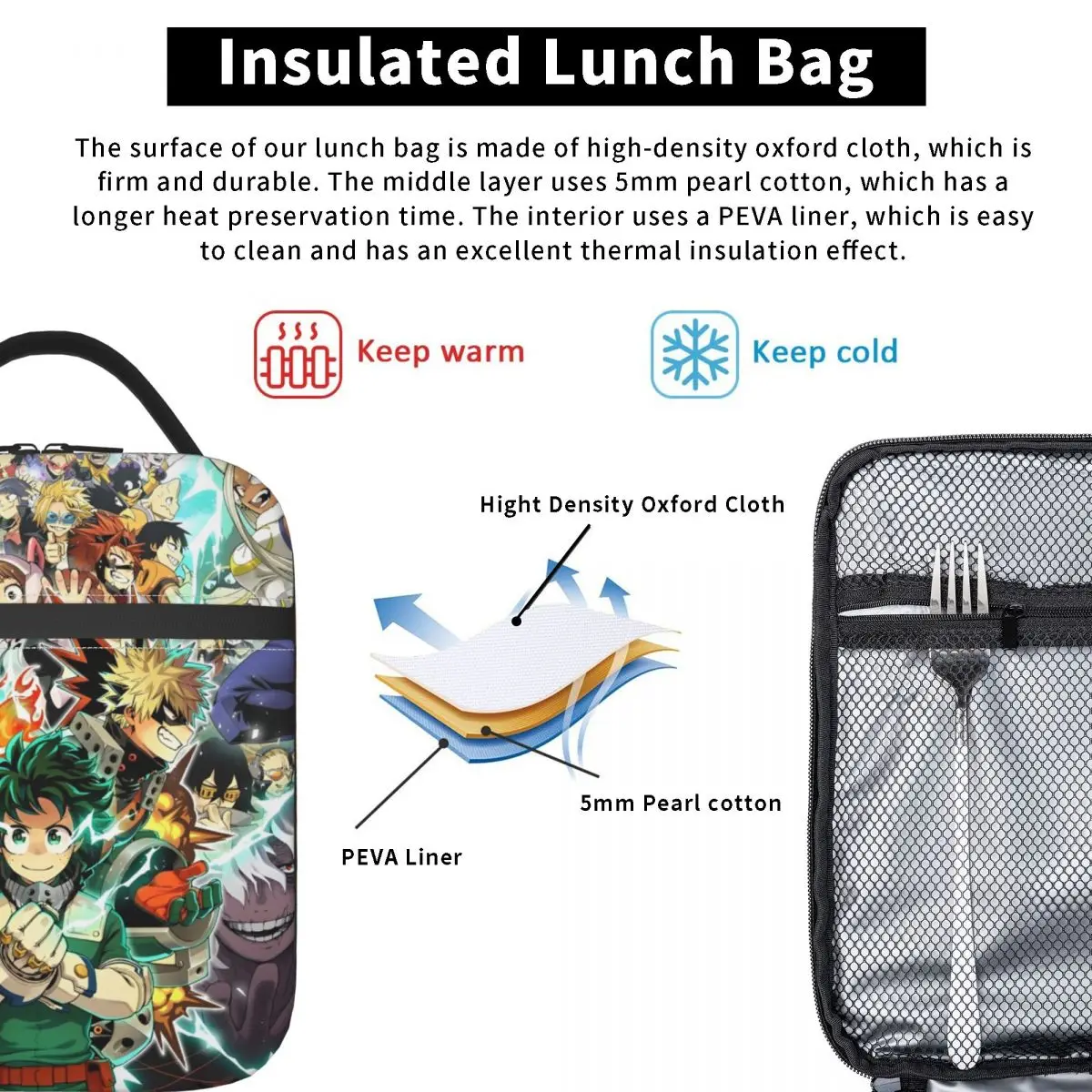 My Hero Academia-fiambrera con aislamiento para hombre y mujer, bolsa térmica de alta capacidad con dibujos animados, ideal para la playa y el aire libre