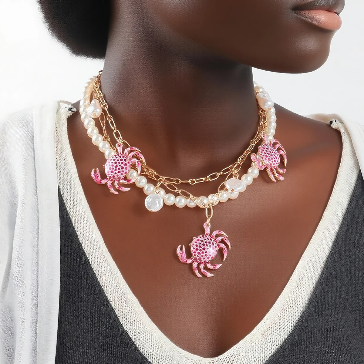 

ZAA Imitation Pearls Choker Necklaces 3pcs/set Metal Chains Crab Pendant Necklace for Women Fashion Holiday Party Jewelry Gifts