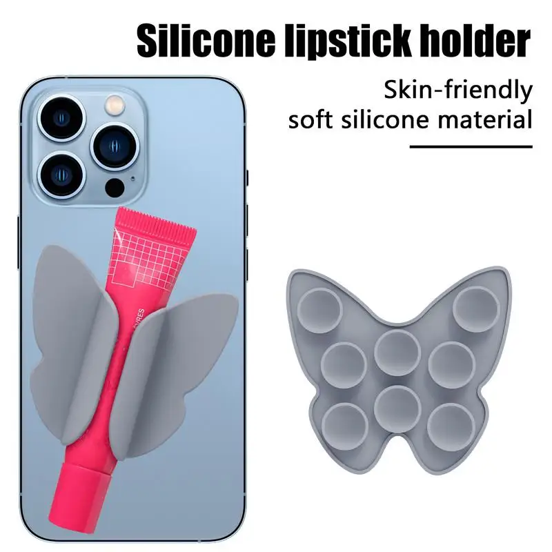 Soporte de silicona para lápiz labial con ventosa, antipérdida, forma de mariposa, brillo de labios, funda para teléfono, lápiz labial multifuncional, soporte para teléfono
