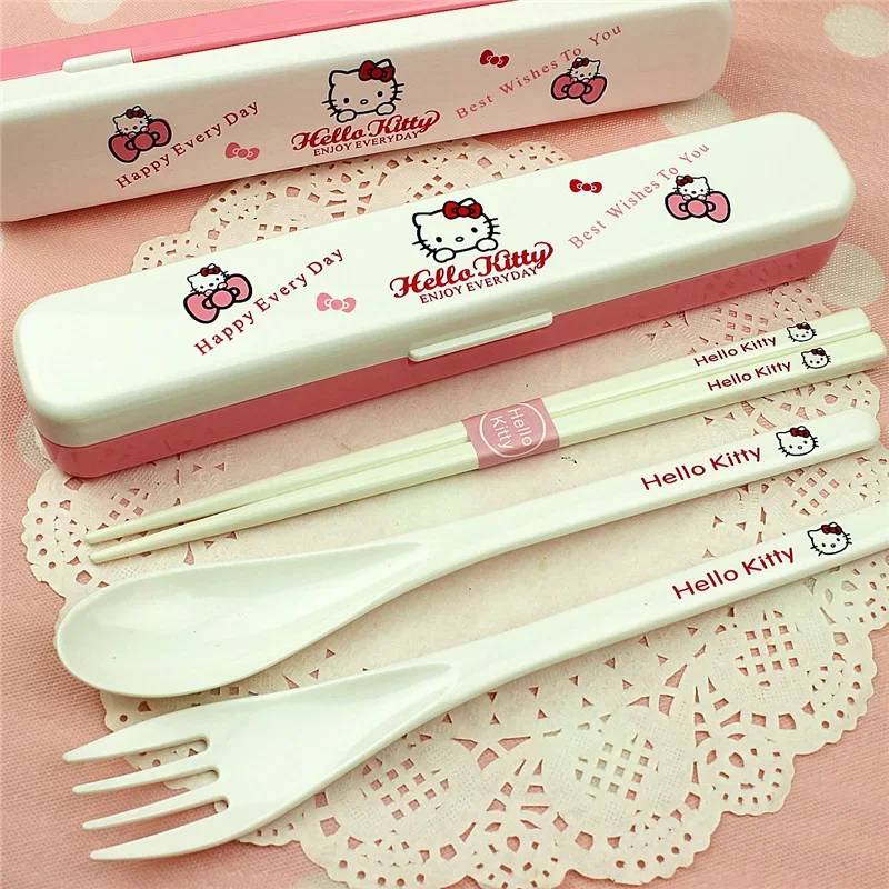 Sanrio Cartoon Anime Tableware Hello Kitty Kawaii Children's Tableware Metal Spoon Fork Chopsticks Set Portable Tableware Gift