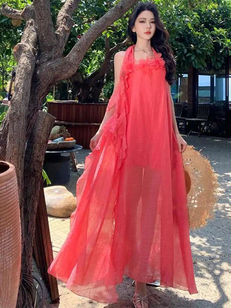 

Summer Red Sexy Backless Sleeveless Off Shoulder Halter Dress Women Vacation Loose Ruffles Pleated Long Dresses Simplicity Trend
