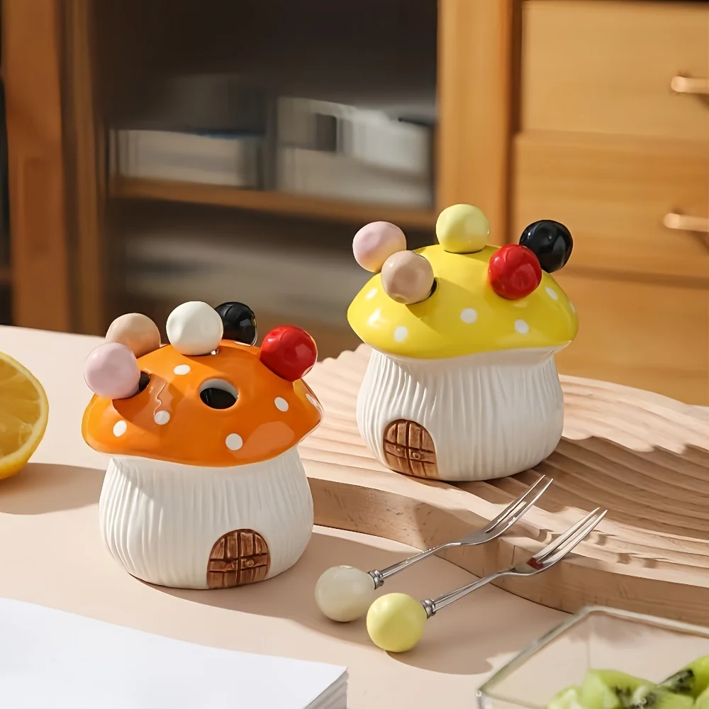 

Mushroom Fruit Fork Set 304 Stainless Steel Cute Dessert Forks with Storage Jar Home Kitchen Accessories