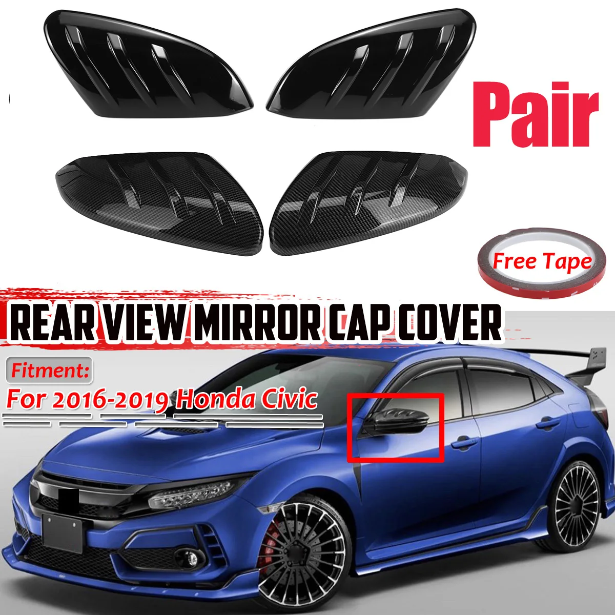 Pair Car Rearview Mirror Cover Glossy Black/Carbon Fiber Side Door Mirror Cover For Honda Civic 10th 2016 2017 2018 2019 2020