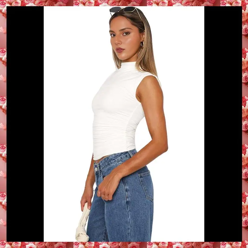 เสื้อครอปแขนกุดสําหรับผู้หญิงคอจําลอง Ruched เสื้อกล้าม Y2k ออกไปเสื้อ Solid Slim เสื้อพอดีตัว