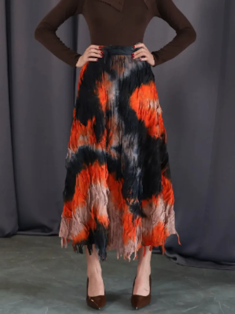 

High Quality Orange High Elastic Waist Tie Dye Irregular A-line Half-body Skirt Women Fashion New Spring Autumn 2026 48B9