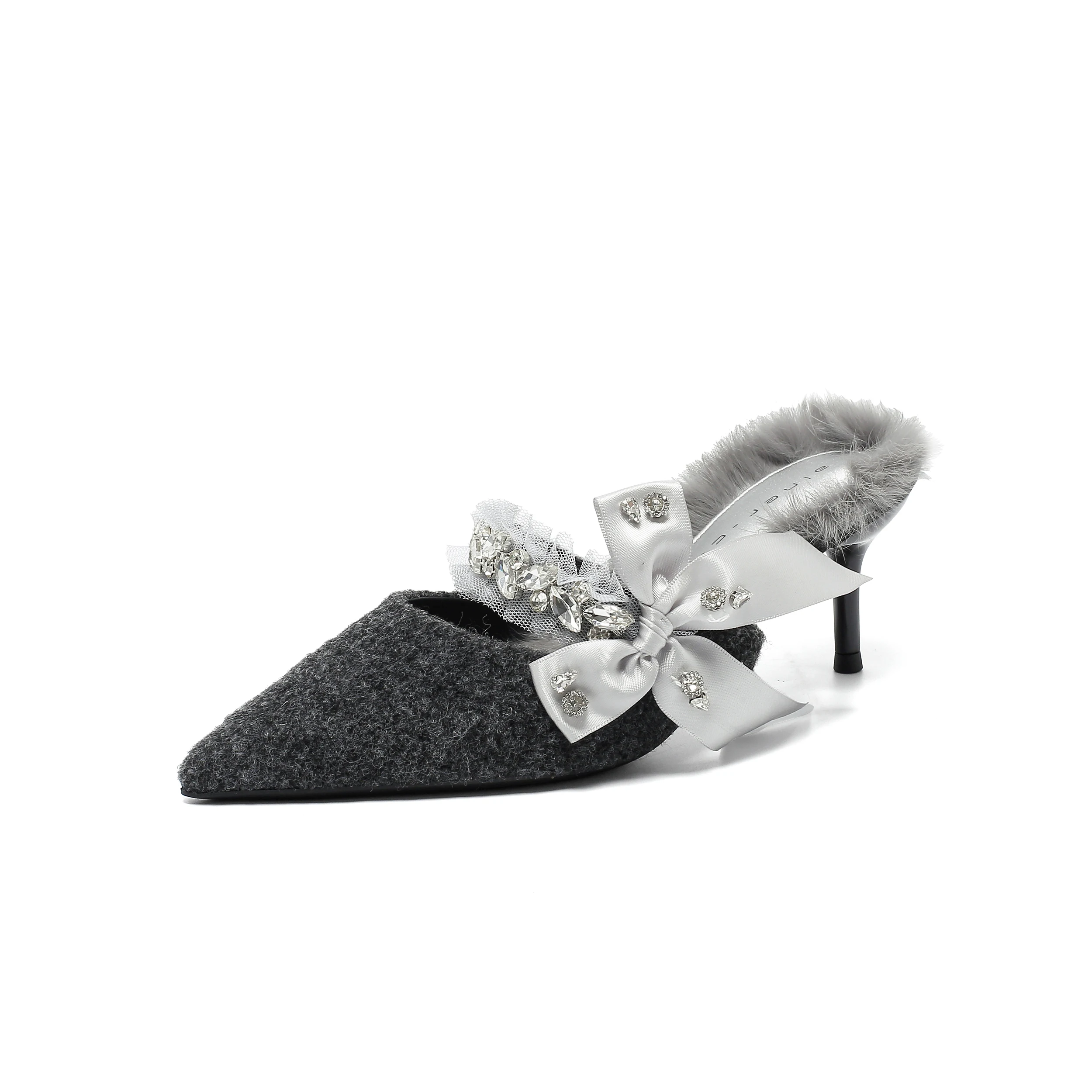 

Bloomsteps Comfortable Style ~ Woolen Bow Furry Shoes Pointed Toe Stiletto High Heels Women's Outdoor MulesMules for outerwear