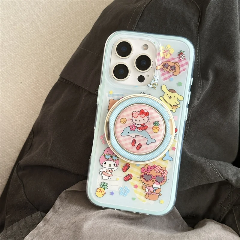 

Funny Cute Hello Kitty Magnetic Phone Case For iPhone 16 Pro 15 13 14 Pro Max Cover with Magsafe Stand Holder Cute Melody Cases