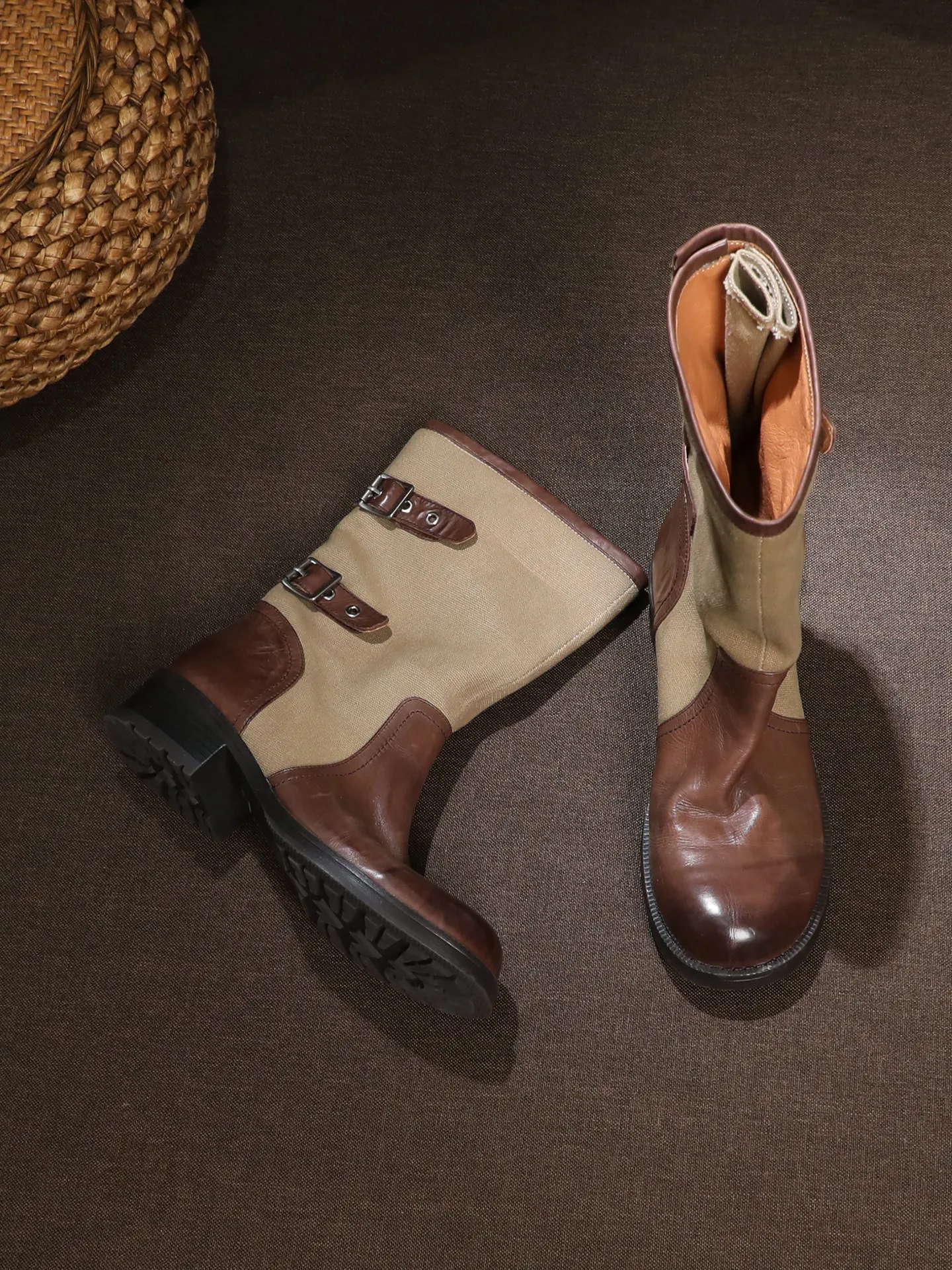 SHOEBOX Retro leather color blocked knight boots for women, 2026 autumn and winter with fleece midsole short boots, round toe