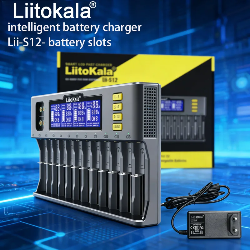LiitoKala Lii-S12 12-Slot Battery Charger for 18650 21700 AA Batteries - Multi-Function Protection And Memory Effect Prevention