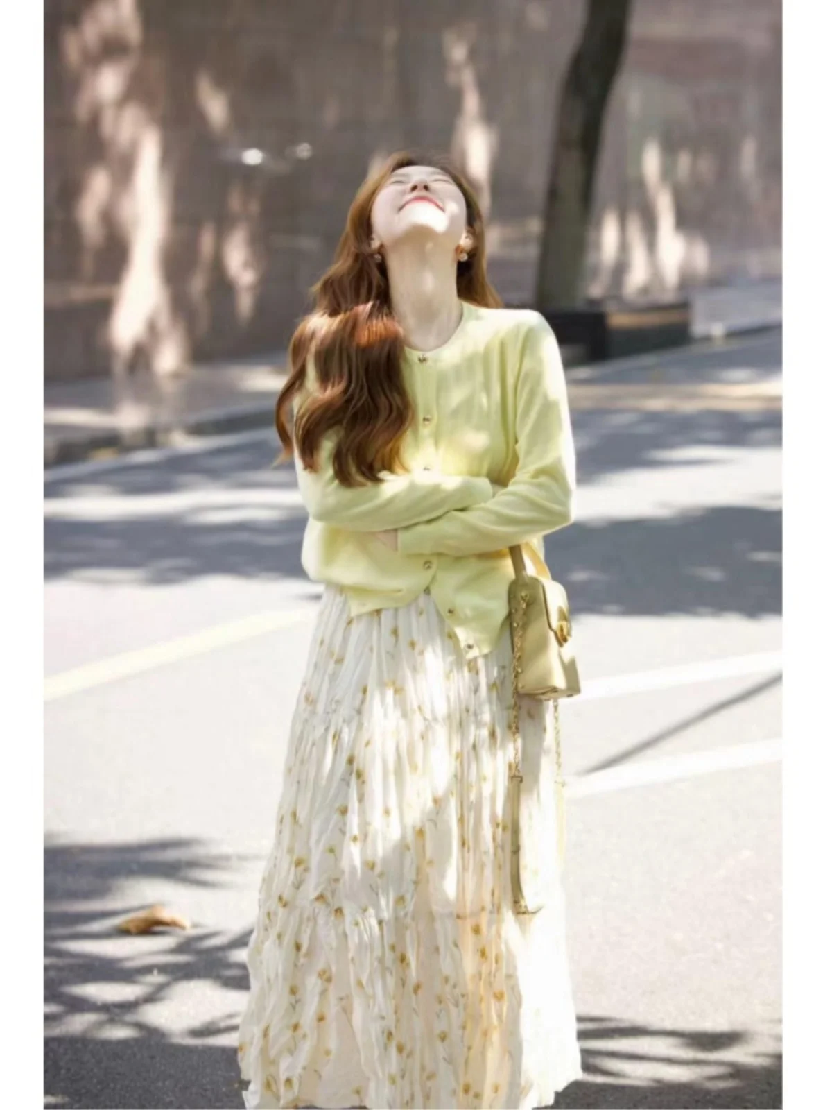 

Spring New Arrival Floral Print High Waist Skirt Yellow Open Cardigan Sweater Two Piece Set Luxury Sweet Sle Women's F...