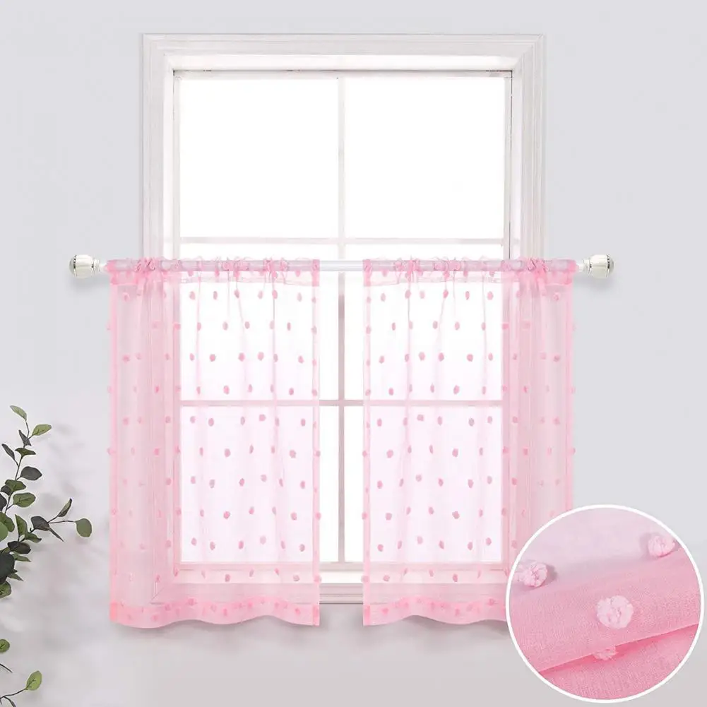 Window Curtain Soft Texture Fur Balls Rod Through Design Short Curtain Easy Care Mesh Lace Hem Window Valance Home Supplies