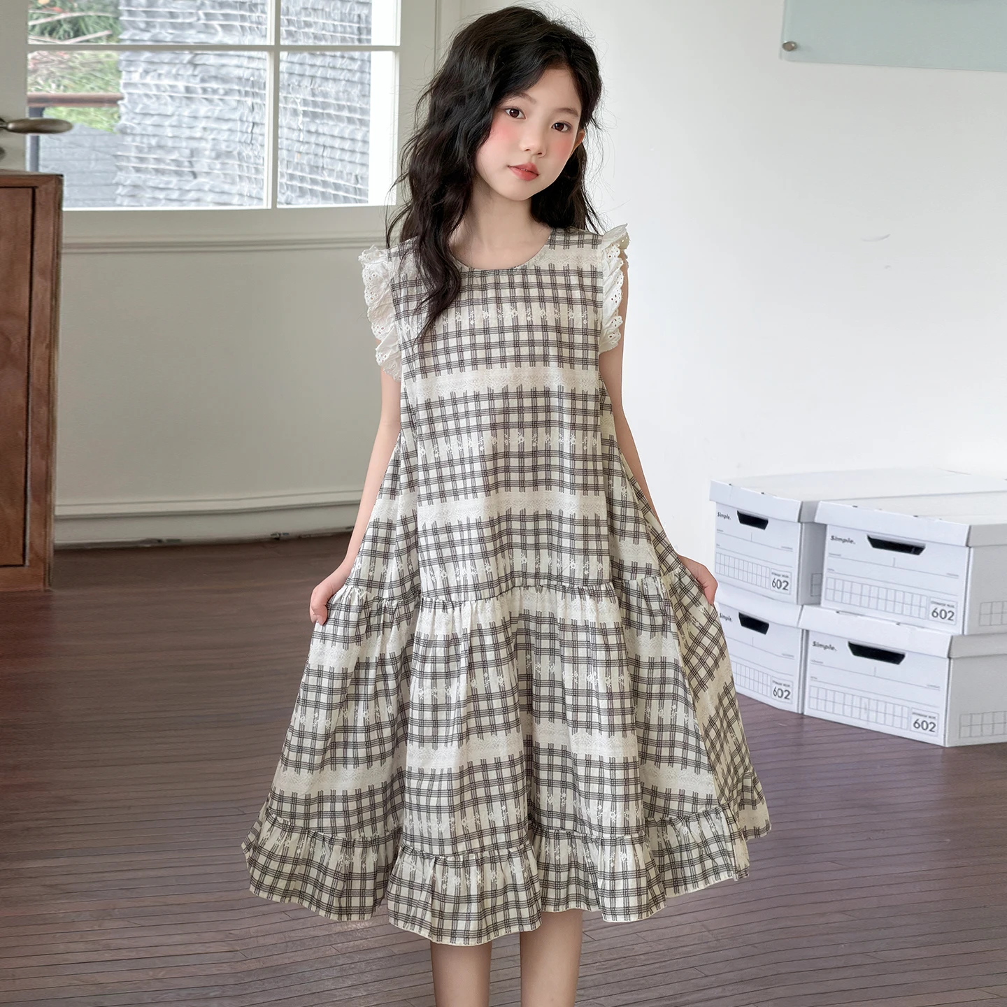 2026 Summer One Piece Dress for Girls France Style Simple Fashion Daily Wearing Toddler Students A-Line Plaid Lace Dress 6-14Y