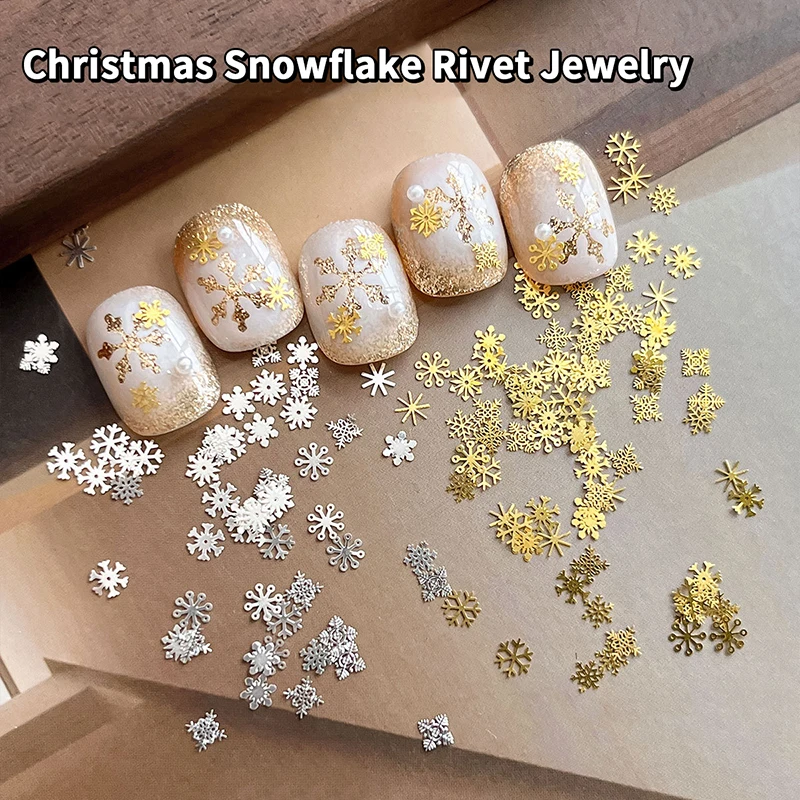 100Pcs Gold/Silver Winter Snowflake Rivet Nail Art Charm Glitter Jewelry Christmas Nails Decoration DIY Nail Accessories
