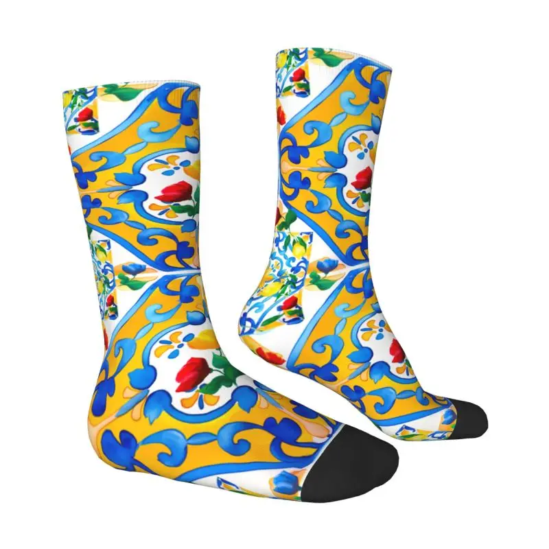 Custom Mediterranean Summer Fruit Lemons Italian Tiles Dress Socks for Men Women Warm Funny Novelty Crew Socks