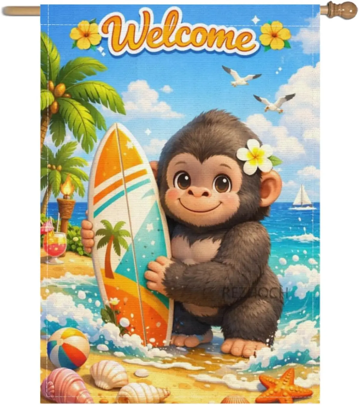 Summer Beach Funny Gorilla Welcome Garden Flag 28x40Inch,Cute Animal Surfboard Ocean Waves Seashell Starfish Coastal Yard De ZZM