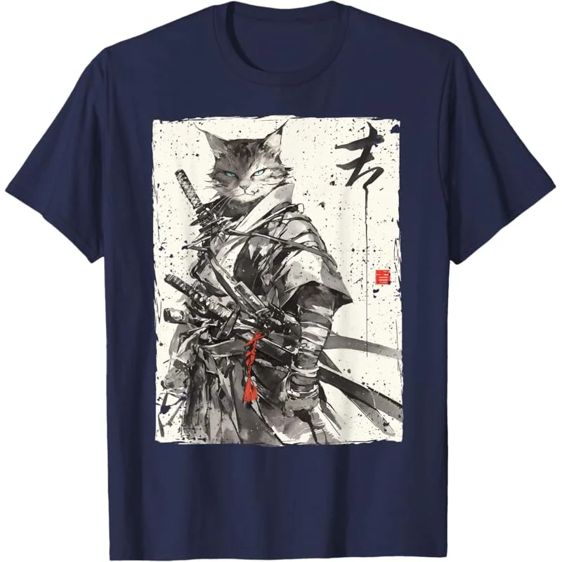 Funny warrior ukiyo ink artwork cat samurai T-shirt