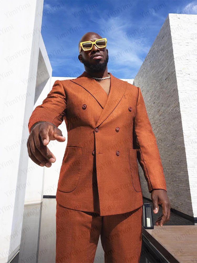 Классический коричневый мужской костюм, двубортный деловой приталенный свадебный пиджак, комплект из 2 предметов, мужской смокинг, пиджак для выпускного вечера по индивидуальному заказу