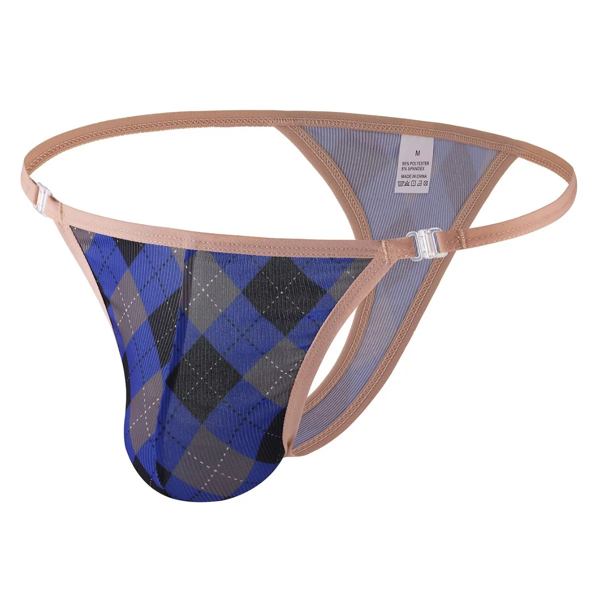 Men's Argyle Plaid Mesh Thong, Low-Rise Adjustable Buckle Jockstrap Gays Erotic U Pouch Open Buttocks Underpants T Back G-string