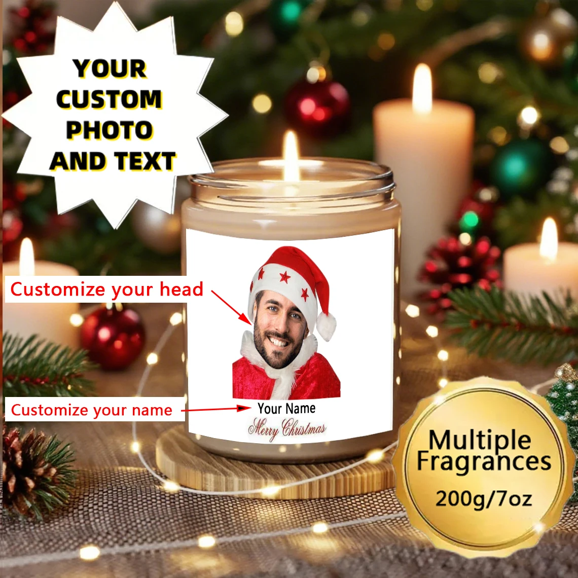 

7oz personalized candles, customize your avatar and text, smoke-free soy wax, Christmas atmosphere aromatherapy home decoration