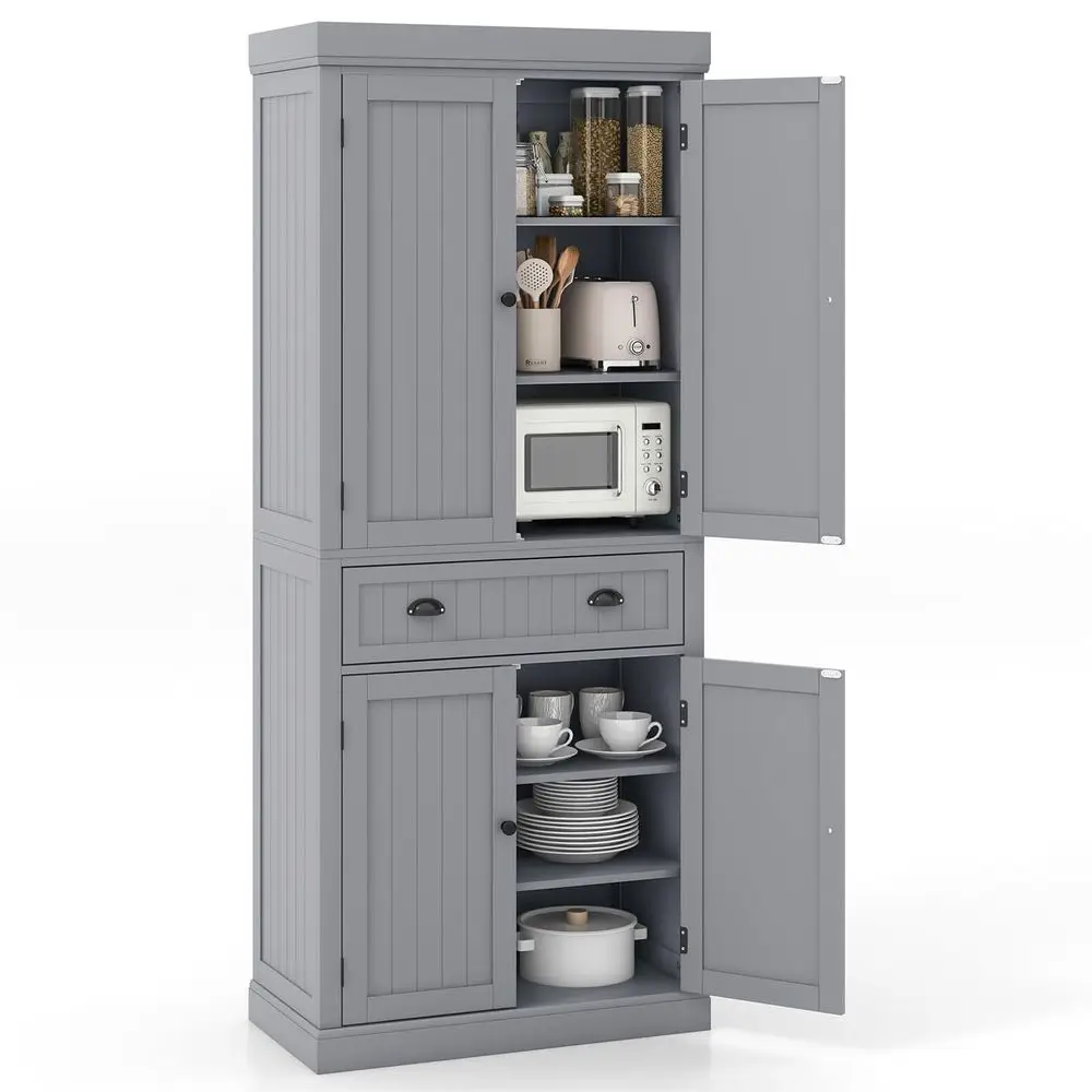 

72 H Kitchen Pantry Cupboard Cabinet, Traditional Freestanding Large Tall Storage Cabinet with 2 Cabinets and Drawer, Adjustabl