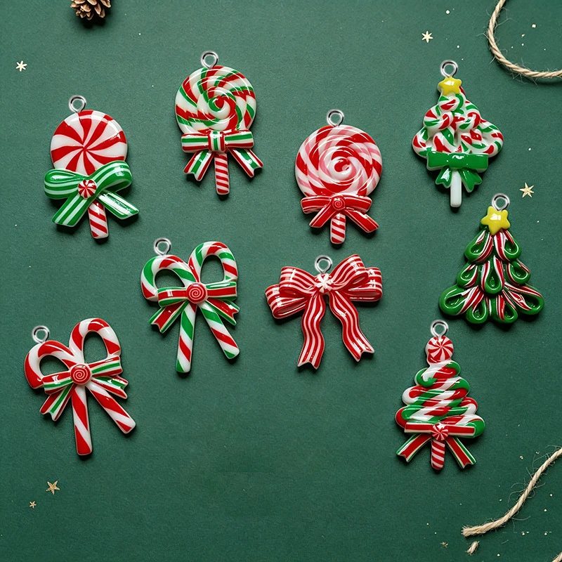 10 unidades de dijes y colgantes de resina con motivos navideños de caramelos, árboles y bastones, para la creación de joyas, accesorios de bricolaje, pendientes, collares y llaveros.
