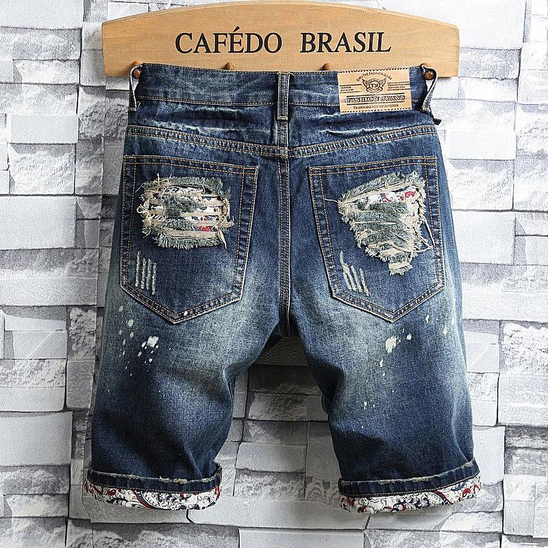 2024 Summer New Men's Retro Split Short Jeans Street Wear Worn Hole Slim Fit denim shorts Beggar Trendy Middle Pants Retro Blue