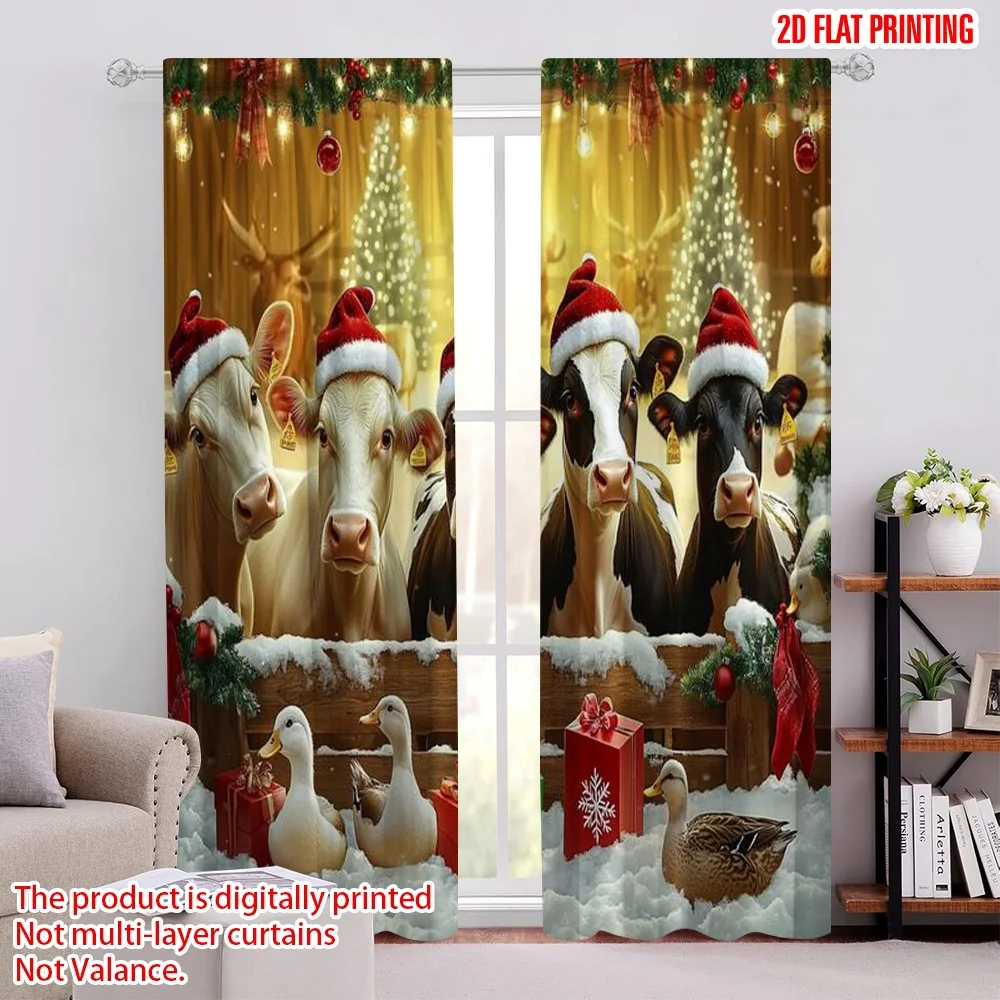 

2pcs 2D flat printing Merry Christmas Window Drapes Merry Christmas Farm Cute Animals 100% Polyester Without Electricity Party