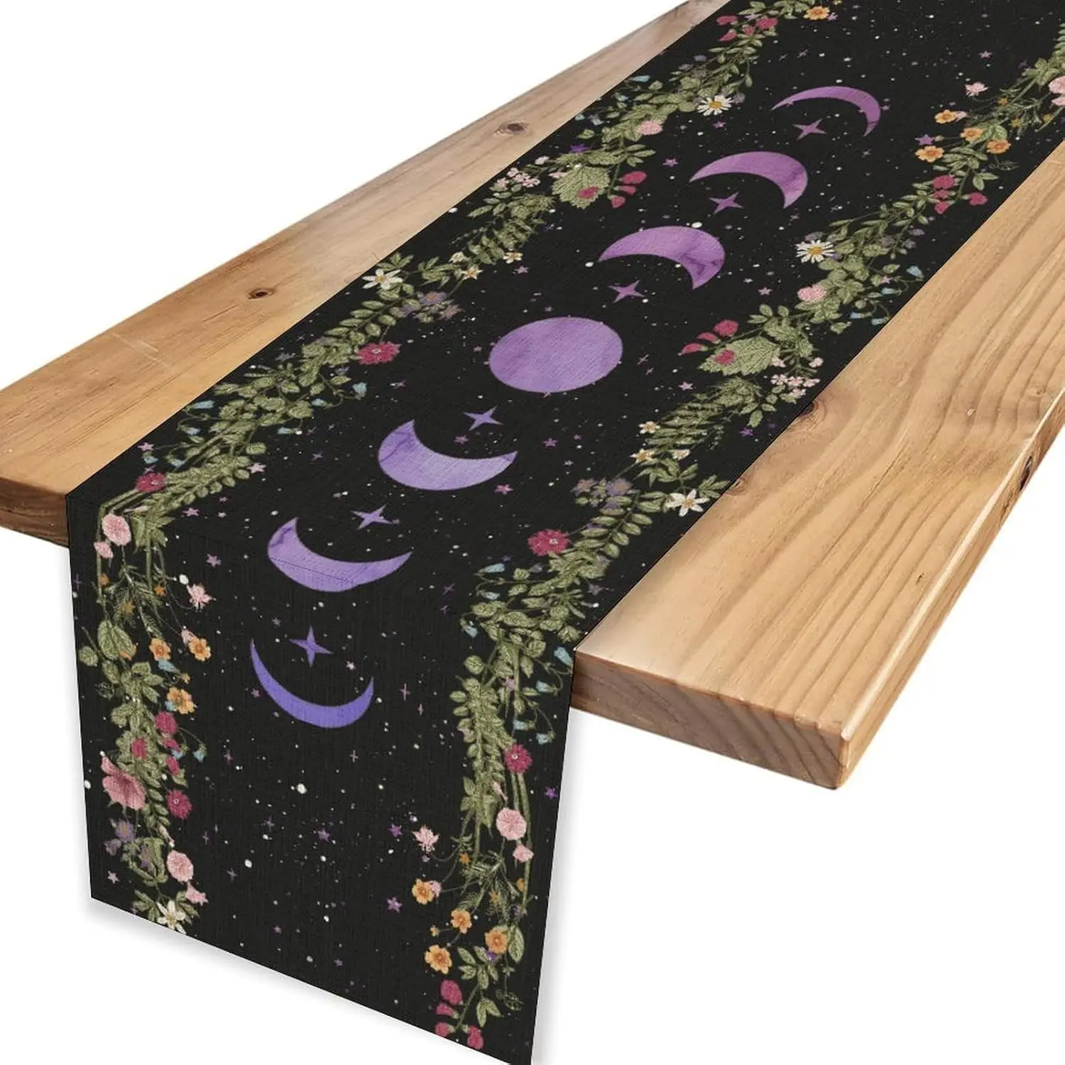 Bohemian Mystical Table Runner | Gothic Wildflowers + Moon Phases & Stars |  Holiday Parties, Coffee Table Centerpiece & Rustic