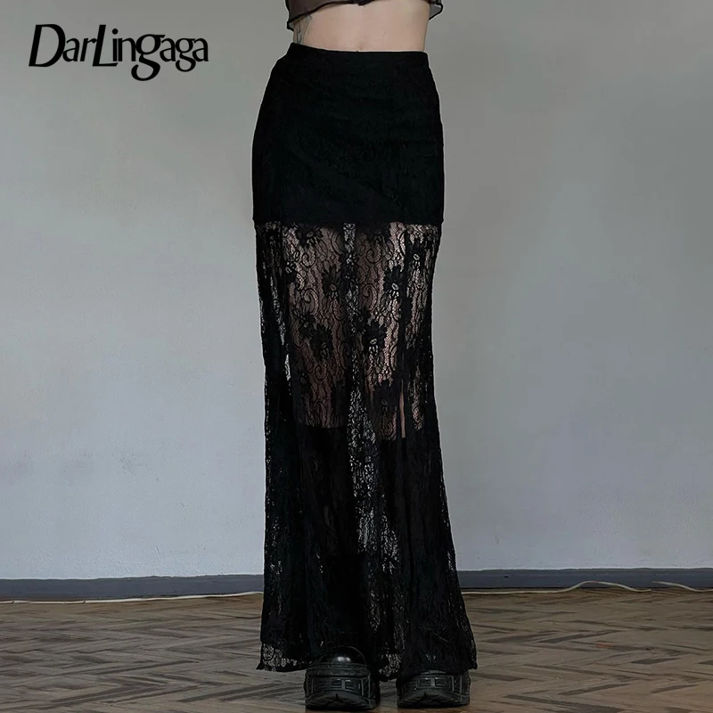 Darlingaga Fashion Elegant Solid Lace Skirt Female Boho Gothic Dark Split Long Skirts Transparent Double Layer Women\'s Bottoms