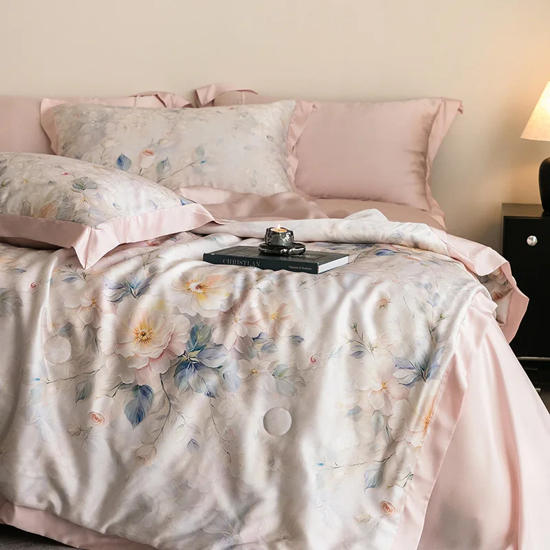 

Customizable 2025 Spring and Summer New 100% Tencel Printed Summer Quilt Four-piece Silky Sleeping Naked