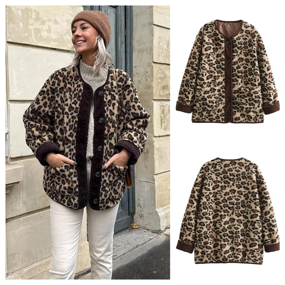 PB&ZA2024 autumn new women\'s clothing fashionable temperament casual long sleeved single breasted leopard print lamb wool jacket