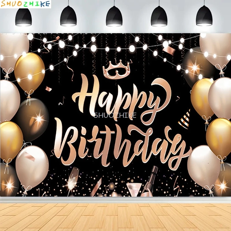 

3D Black Gold Glitter Celebration Happy Birthday Background Balloon Party Decor Gifts Boy Girl Adult Photography Backdrops XN-15