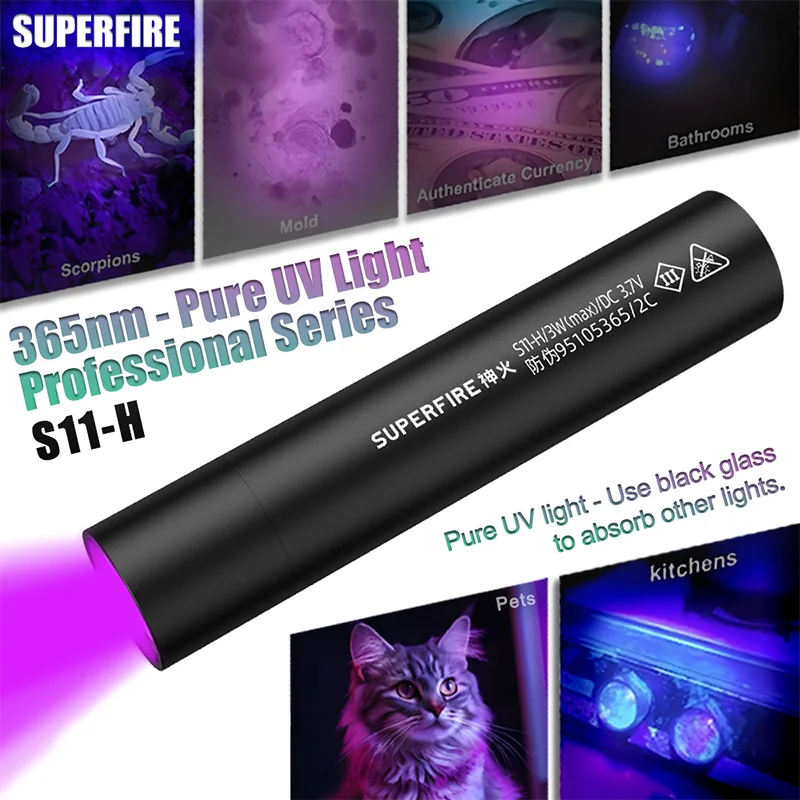 S11-H UV Flashlight 365nm Mini Ultraviolet Light Torch  USB Rechargeable UV Light Inspection Lamp Pet Urine Stain Detector Tools