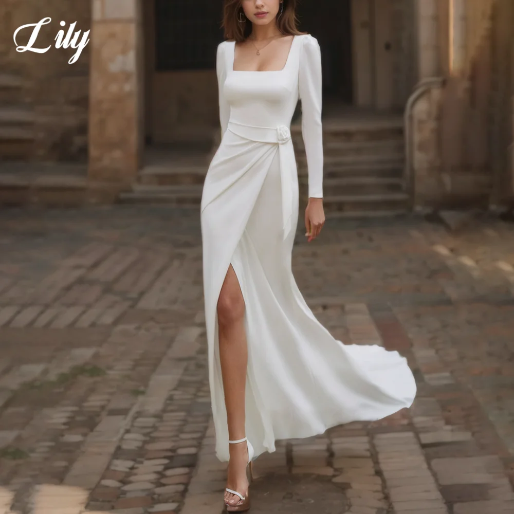 

Lily White Elegant Sleeveless Wedding Dresses Square Backless Wedding Gown Satin Long Sleeves Side Split Bridal Dress Customized