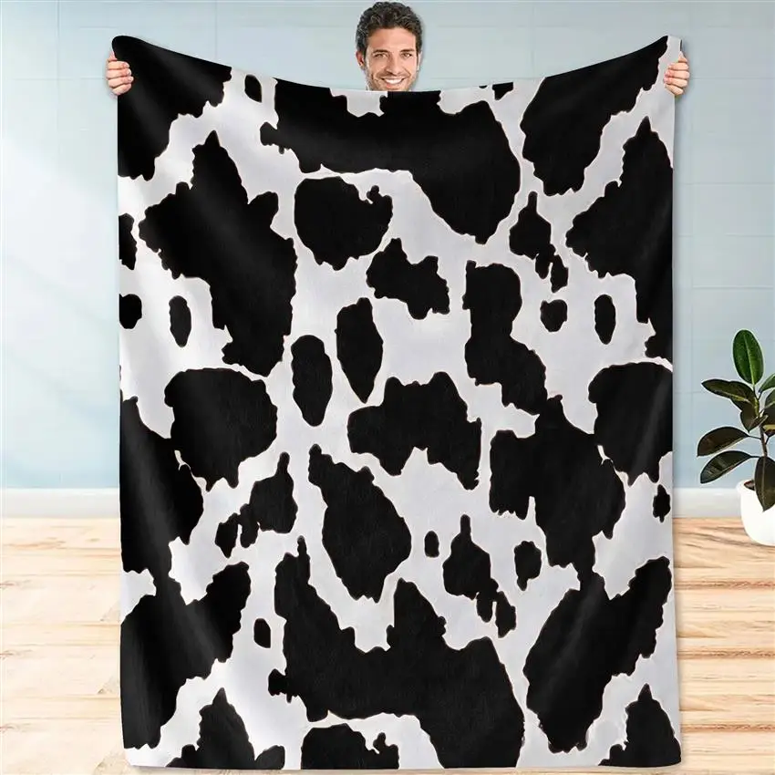 1pc black and white cow spot pattern blanket, polyester fabric, machine washable, suitable for bedroom living room decoration