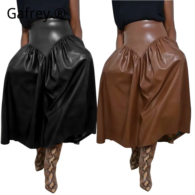 

Plus Size PU Leather Midi Skirt Patchwork Long Maxi Skirt with Pockets Casual A Line Elastic High Waist Vintage 2026 New
