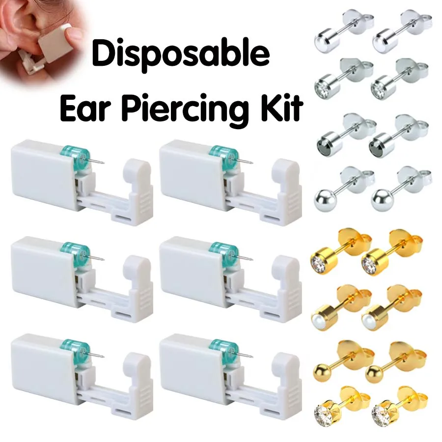 6PCS Disposable Self Ear Piercing Kit Stainless Steel Ear Piercing Gun Kit with Built-in Ear Studs ﻿