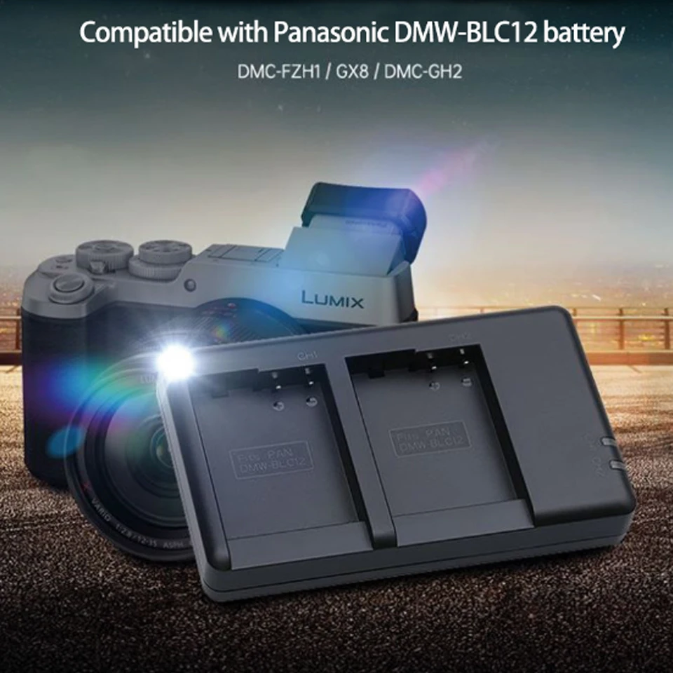 FB DMW-BLC12 Dual Slot Lightweight Portable USB Charging Smart Digital Charger for Panasonic DMC-FZH1 GX8 DMC-GH2